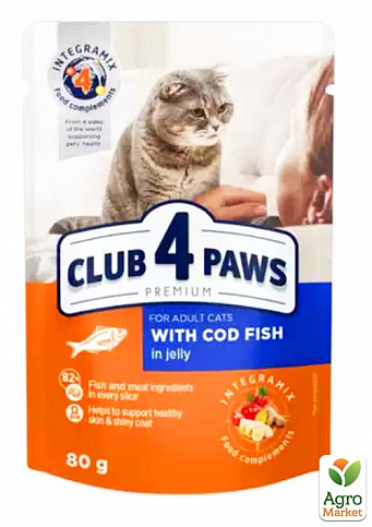 Влажный корм Клуб 4 Лапы Premium для кошек, с треской в желе, 80 г (3421720)