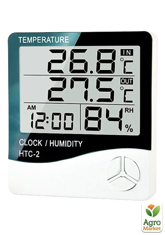 Электронный цифровой термометр гигрометр с выносным датчиком и часами HTC-2 