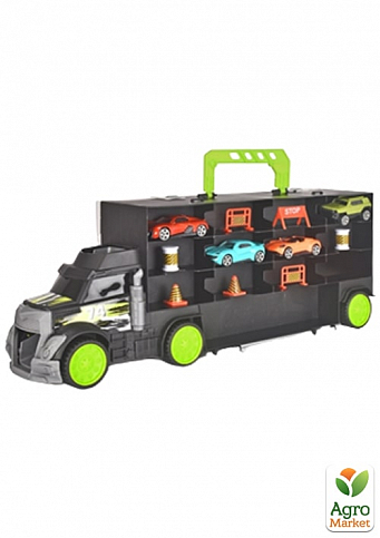 Игровой набор "Трейлер автовоз" с трамплином, 4 машинки, 7 аксессуаров, длина 43 см, 3+ Dickie Toys