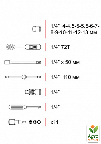 Набір інструментів 1/4", 28 од. (гол. 4-13 мм, битки 11 од.) INTERTOOL ET-6028 - фото 2