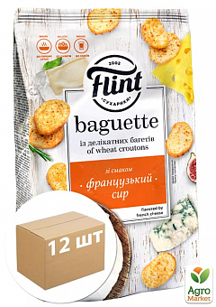 Сухарики пшеничні зі смаком "Французький сир" 100 г ТМ "Flint Baguette" упаковка 12 шт2