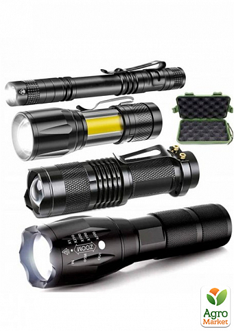 Набір із 4х потужних ліхтариків світлодіод CREE XM-L T6, Q5 ZOOM, Q5 COB та Q5 CREE