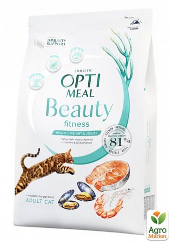 Сухой беззерновой полнорационный корм для взрослых кошек Optimeal Beauty Fitness на основе морепродуктов 4 кг (3674000)