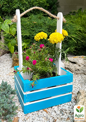 Ящик декоративный деревянный для хранения и цветов "Джусино" д. 22см, ш. 20см, в. 13см, высота с ручкой 40см. (синий с деревянными ручками) - фото 3