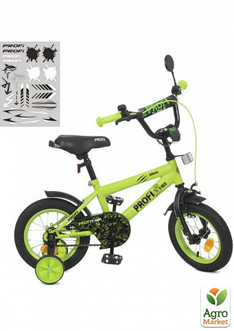Велосипед детский PROF1 12д. Dino,SKD75,фонарь,звонок,зеркало,доп.кол.,салатово-черный(мат.) (Y1271-1)
