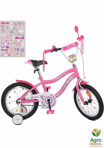 Велосипед детский PROF1 16д. Unicorn, SKD45,фонарь,звонок,зеркало,доп.кол.,розовый (Y16241)