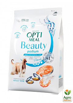 Сухий беззерновий повнораційний корм для дорослих собак Optimeal Beauty Podium на основі морепродуктів 1.5 кг (3673780)1