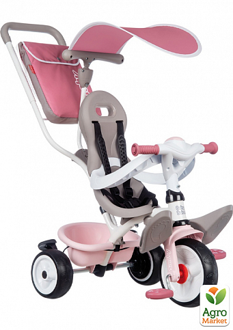 Детский металлический велосипед с козырьком, багажником и сумкой, розово-серый, 66х49х100 см, 10 мес. Smoby Toys