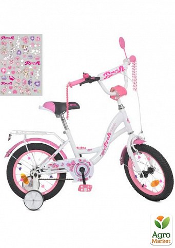 Велосипед детский PROF1 14д. Butterfly, SKD45,фонарь,звонок,зеркало,доп.кол.,бело-розовый (Y1425)