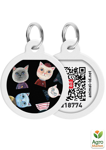 Адресник для собак и кошек металлический WAUDOG Smart ID с QR паспортом, рисунок "Коты", круг (0625-0216)