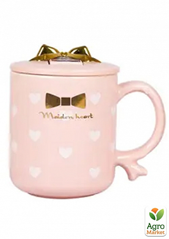 Чашка с крышкой-подставкой для моб телефона Бантик сердечки белые на розовом 360мл (20626)