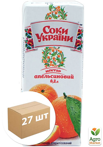 Апельсиновий нектар ТМ "Соки України" 200мл упаковка 27 шт