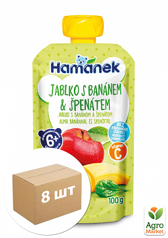 Пюре Яблоко с бананом и шпинатом Hamanek, пауч 100г уп 8 шт