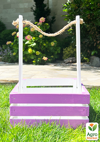 Ящик декоративный деревянный для хранения и цветов "Прованс" д. 25см, ш. 27см, в. 13см, высота с ручкой 40см. (лиловый с деревянными ручками) - фото 4