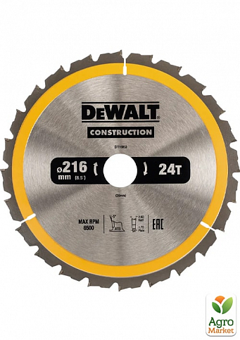 Диск пильний DeWALT, CONSTRUCTION 216 х 30 мм, 24z (ATB) - 5 градусів DT1952 ТМ DeWALT
