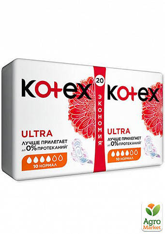 Kotex женские гигиенические прокладки Ultra Dry Normal Duo (сеточка, 4 капли), 20 шт