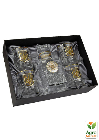 Набор для виски «Гербовый с трезубцем» 5 предметов Boss Crystal, графин, 4 стакана, серебро, золото, хрусталь (B5TRY1GG)