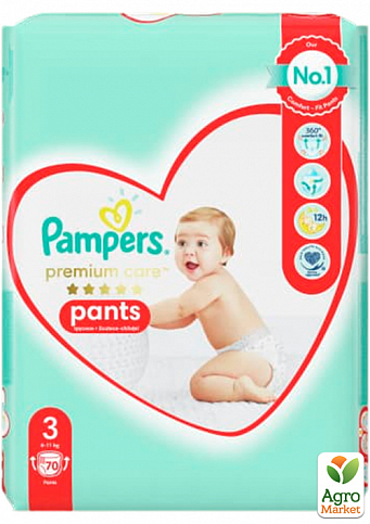 PAMPERS Дитячі одноразові підгузки-трусики Premium Care Pants Розмір 3 Midi (6-11 кг) Джамбо Плюс Упаковка 70 шт