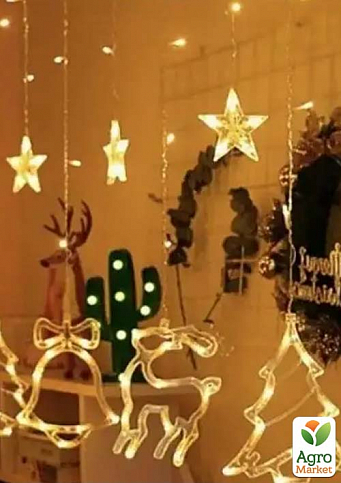 Новогодняя Гирлянда Штора с 12 фигурами золото  Звезды,Колокольчик, Елка, Олень 220V с переходником (XR-9G) - фото 3