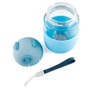 Кружка зі скла в силіконовому захисті з кришкою та ремінцем Piggy блакитна SKL11-203686