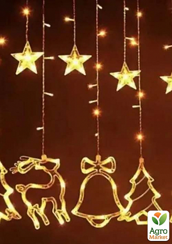 Новогодняя Гирлянда Штора с 12 фигурами золото  Звезды,Колокольчик, Елка, Олень 220V с переходником (XR-9G) - фото 2