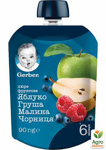 Пюре GERBER "Яблоко, груша, малина и черника", 90г уп 16 шт - фото 2