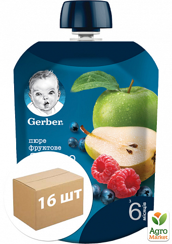 Пюре GERBER «Яблуко, груша, малина і чорниця», 90г уп 16 шт