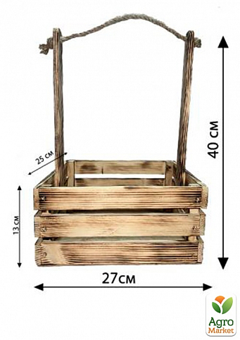 Ящик декоративный деревянный для хранения и цветов "Прованс" д. 25см, ш. 27см, в. 13см, высота с ручкой 40см. (обожжённый с деревянными ручками) - фото 2