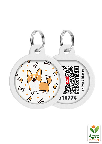 Адресник для собак и кошек металлический WAUDOG Smart ID с QR паспортом, рисунок "Корги", круг, Д 25 мм (0625-0212)