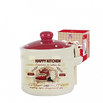 Банка для меду з дерев'яною ложкою 'Happy Kitchen' (h-8,5 см, d-10см, об-м 420мл) (2370-11)