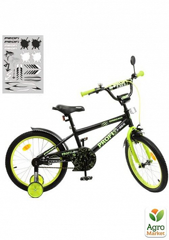 Велосипед детский PROF1 18д. Dino, SKD75, черно-салат.(мат.), звонок, фонарь, доп.колеса (Y1871-1)