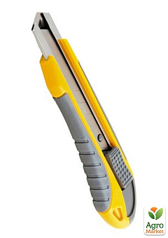 Нож MASTERTOOL ЭРГО 18 мм ABS пластик TPR покрытие с металлической направляющей кнопочный фиксатор 3 лезвия 17-01112