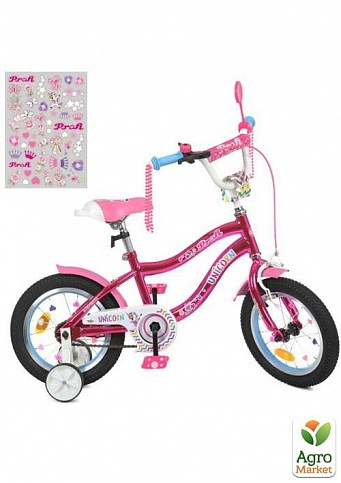 Велосипед детский PROF1 14д. Unicorn, SKD45,фонарь,звонок,зеркало,доп.кол.,малиновый (Y14242S) 