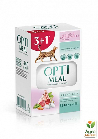 Упаковка вологого корму для дорослих кішок Optimeal у желі з ягням та овочами 4 x 85 г (2828290)