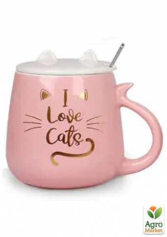 Чашка с крышкой и ложкой Cat`s style - I love cats розовый 460мл (20625)