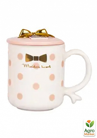 Чашка с крышкой-подставкой для моб телефона Бантик горошек розовый на белом 360мл (20626)
