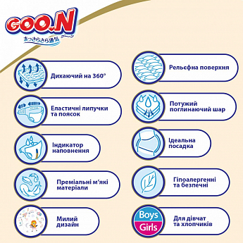 Підгузки GOO.N Premium Soft для дітей 4-8 кг (розмір 2(S), на липучках, унісекс, 18 шт) - фото 2