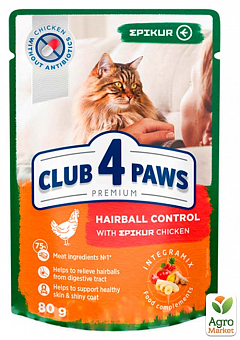 Влажный корм Клуб 4 Лапы Premium для выведения шерсти у кошек, с курицей в соусе, 80 г (3613780)1