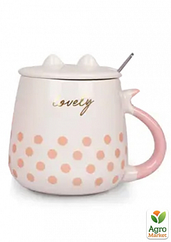 Чашка с крышкой и ложкой Cat`s style горошек розовый на белом 460мл (20625)1