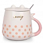 Чашка з кришкою та ложкою Cat's style горошок рожевий на білому 460мл (20625)