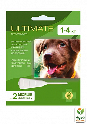 Краплі від бліх, кліщів, вошей та власоїдів UNICUM ULTIMATE (для собак 1-4 кг) s-метопрен, фіпроніл 0,6мл (UL-043)