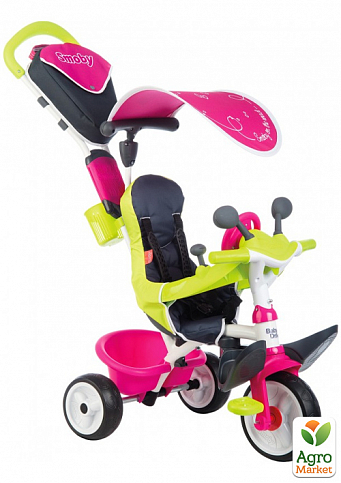 Дитячий металевий велосипед «Бебі Драйвер» з козирком і багажником, рожево-зелений, 10 міс. Smoby Toys