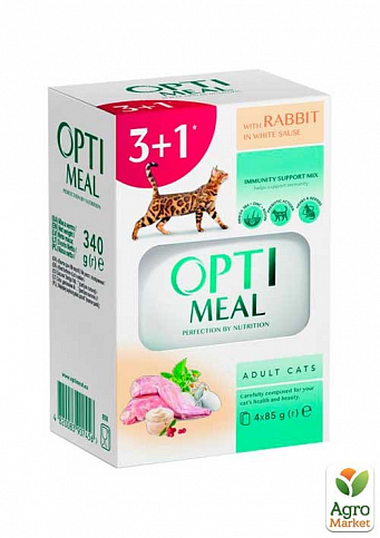 Упаковка вологого корму для дорослих кішок Optimeal у білому соусі з кроликом 4 x 85 г (2828310)