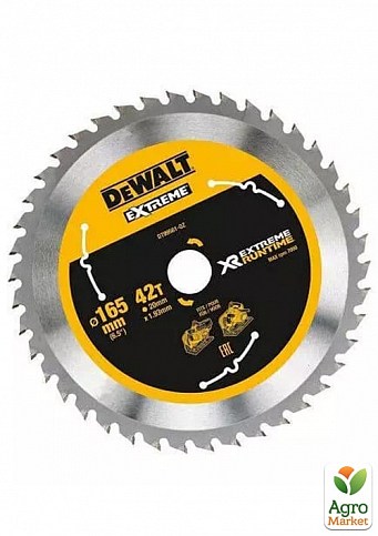 Диск пильный DeWALT EXTREME RUNTIME, 165 х 20 мм, 42 z (ATB+R), 10 градусов, 7000 об/мин DT99561 ТМ DeWALT