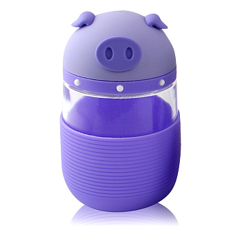Кружка зі скла в силіконовому захисті з кришкою та ремінцем Piggy фіолетова SKL11-203687 - фото 2