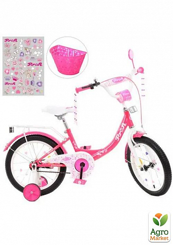 Велосипед детский PROF1 16д. Princess,SKD75,фонарь,звонок,зеркало,доп.кол.,корзина,малиновый (Y1613-1)
