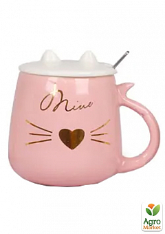 Чашка с крышкой и ложкой Cat`s style сердце золотое на розовом 460мл (20625)2