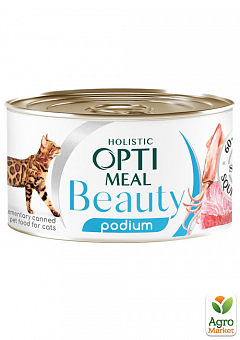 Додатковий консервований корм для кішок Optimeal Beauty Podium смугастий тунець у соусі з кільцями кальмарів 70 г (3674700)2