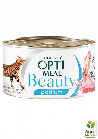 Додатковий консервований корм для кішок Optimeal Beauty Podium смугастий тунець у соусі з кільцями кальмарів 70 г (3674700)