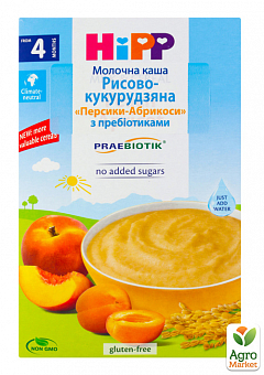 Каша молочная Рисово-кукурузная Персики-Абрикосы с пребиотиками Hipp, 250 г2